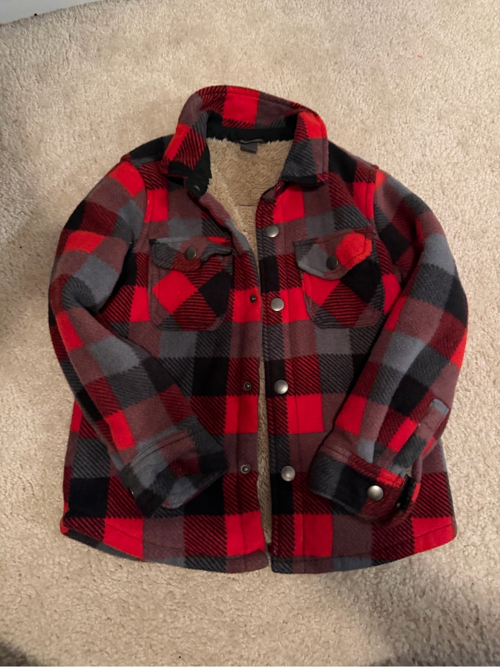 Eddie Bauer Red Black Gray Plaid Sherpa-Lined Kids Jacket
